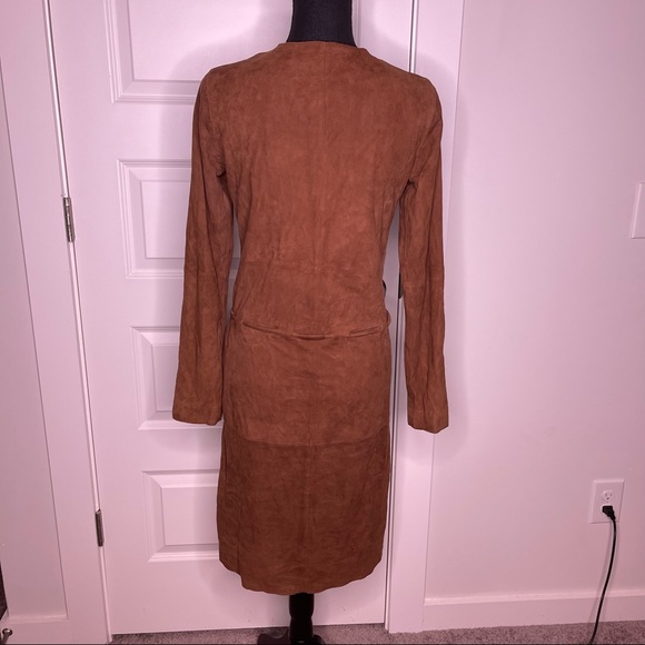 100% Leather Suede Plunge Neck Brown Dress by Guillame - Picture 4 of 7